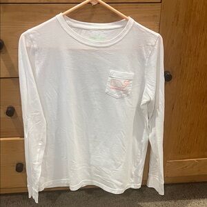 Vineyard Vines White Long Sleeve Pocket Tee with Pink Whale Pocket Logo